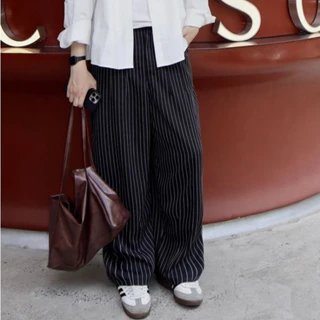 Quần dài Kẻ Sọc ống rộng lưng chun dây rút vải kate form suông màu đen V2 FAFIC STUDIO