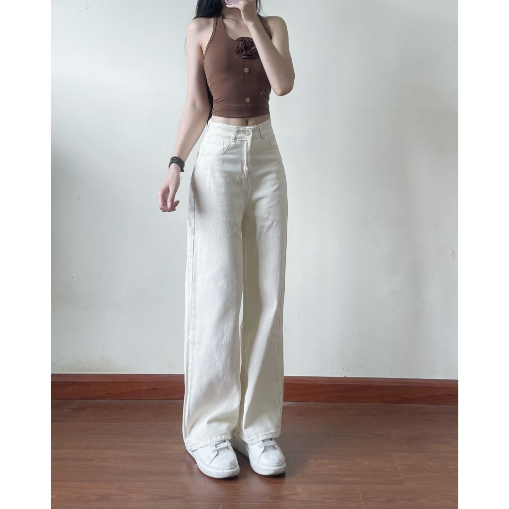 Quần jeans bò Joolate màu kem ống suông rộng phong cách Hàn Quốc