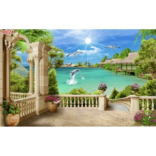 Tranh cửa sổ ban công 3D dán tường, tranh trang trí phòng khách in trên chất liệu vải lụa (shop tặng kèm keo dán)
