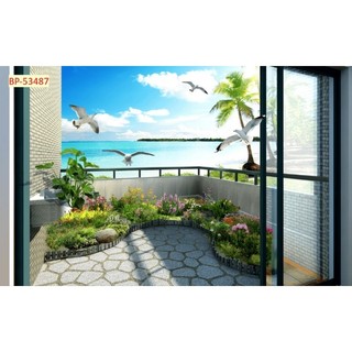 Tranh cửa sổ ban công 3D dán tường, tranh trang trí phòng khách in trên chất liệu vải lụa (shop tặng kèm keo dán)