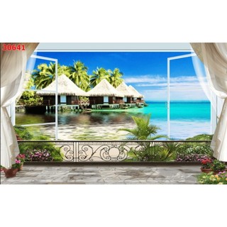 Tranh cửa sổ ban công 3D dán tường, tranh trang trí phòng khách in trên chất liệu vải lụa (shop tặng kèm keo dán)