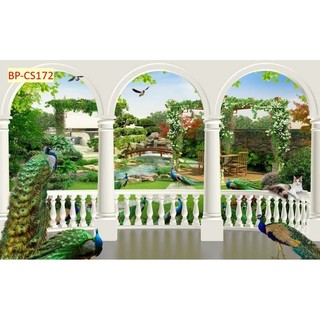 Tranh cửa sổ ban công 3D dán tường, tranh trang trí phòng khách in trên chất liệu vải lụa (shop tặng kèm keo dán)