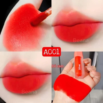 Son Beana màu đỏ cam A001, son kem chính hãng BA velvet Korea siêu hot, hợp mọi tone da, siêu lì, siêu mềm môi