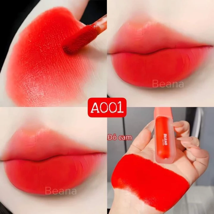 Son Beana màu đỏ cam A001, son kem chính hãng BA velvet Korea siêu hot, hợp mọi tone da, siêu lì, siêu mềm môi