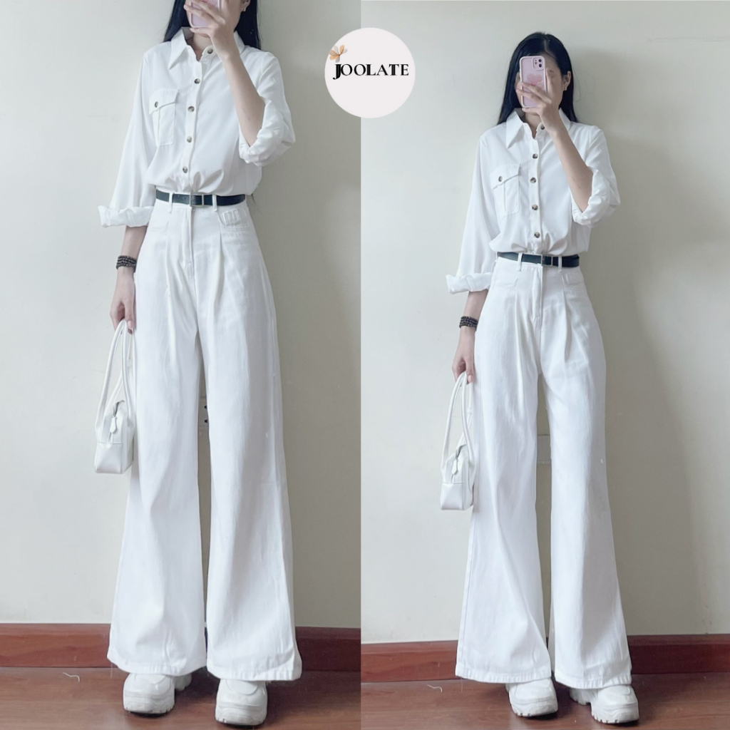 Quần jeans trắng suông Joolate dáng rộng xếp ly tôn dáng chất đẹp