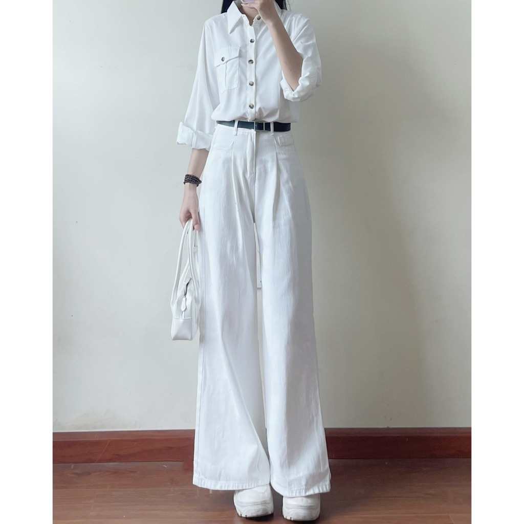 Quần jeans trắng suông Joolate dáng rộng xếp ly tôn dáng chất đẹp