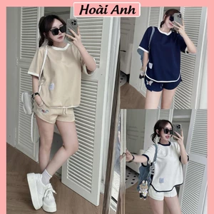 Set Bộ Đồ Nữ THOM Áo Phông Sọc Eo Phối Màu Lé Viền Lượn Gấu Mix Quần Sooc Đùi Thêu Logo Cún Freesize