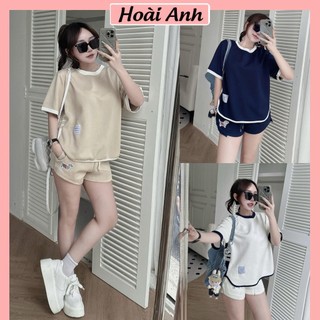 Set Bộ Đồ Nữ THOM Áo Phông Sọc Eo Phối Màu Lé Viền Lượn Gấu Mix Quần Sooc Đùi Thêu Logo Cún Freesize