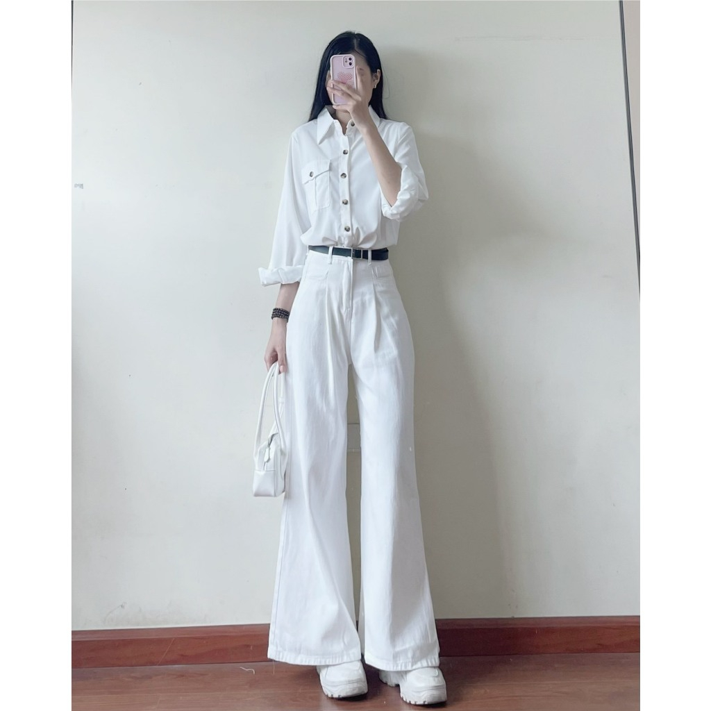 Quần jeans trắng suông Joolate dáng rộng xếp ly tôn dáng chất đẹp