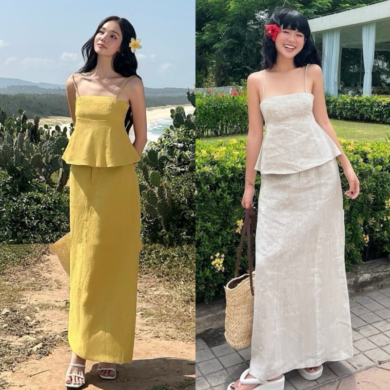 SET ÁO 2 DÂY KEM LINEN XƯỢC ĐỐM + CHÂN VÁY SUÔNG KEM MIDI