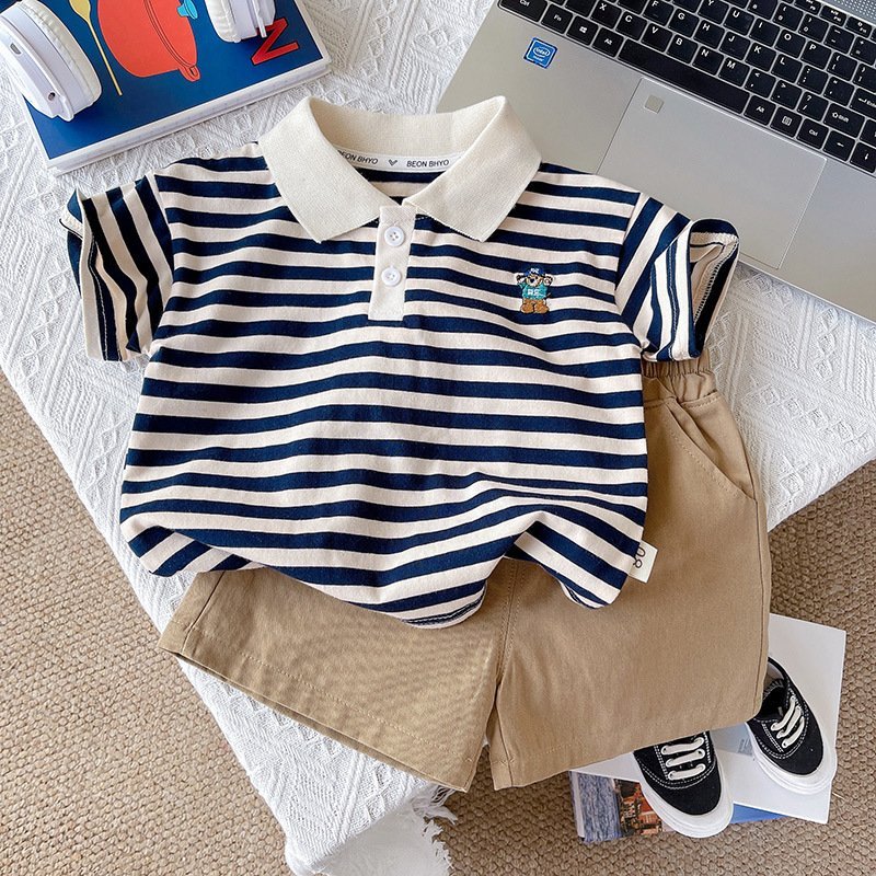 (HÀNG QCCC) Bộ quần áo polo QC thêu hình chó cứu hộ kẻ xanh than áo vải cotton có co giãn mềm kèm quần thô kaki