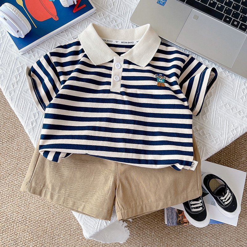 (HÀNG QCCC) Bộ quần áo polo QC thêu hình chó cứu hộ kẻ xanh than áo vải cotton có co giãn mềm kèm quần thô kaki