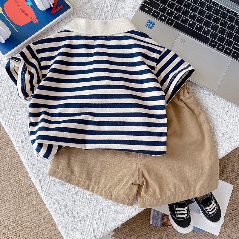 (HÀNG QCCC) Bộ quần áo polo QC thêu hình chó cứu hộ kẻ xanh than áo vải cotton có co giãn mềm kèm quần thô kaki