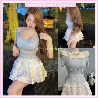 Set áo váy nữ Quảng Châu Cao Cấp 3 món gồm áo len lưới mỏng mix bra và chân váy trắng xòe ngắn tiểu thư
