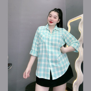 Áo Sơ Mi Bigsize Nữ Tay Dài Kẻ Caro Form Rộng Phối Túi Vải Linen Thô Mềm Mát SM161