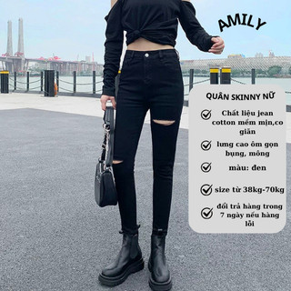Quần Jean Nữ Lưng Cao AMILY màu đen trơn rách gối dáng Skinny Tôn Dáng