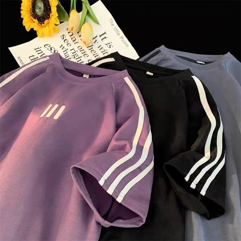 Ảnh Áo Phông Form Rộng thêu 3 sọc trước ngực  Áo Thun Tay Lỡ Nam Nữ  Form Rộng Unisex Cotton khô thoáng mát thấm hút mồ hôi 3