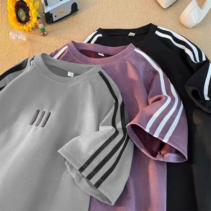 Ảnh Áo Phông Form Rộng thêu 3 sọc trước ngực  Áo Thun Tay Lỡ Nam Nữ  Form Rộng Unisex Cotton khô thoáng mát thấm hút mồ hôi 2