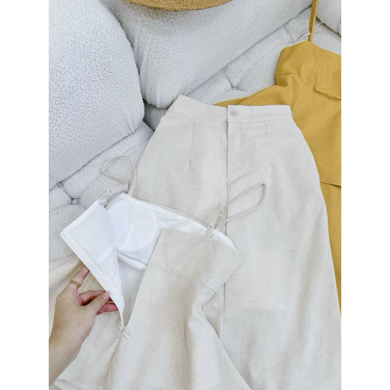 SET ÁO 2 DÂY KEM LINEN XƯỢC ĐỐM + CHÂN VÁY SUÔNG KEM MIDI
