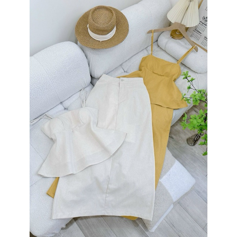 SET ÁO 2 DÂY KEM LINEN XƯỢC ĐỐM + CHÂN VÁY SUÔNG KEM MIDI