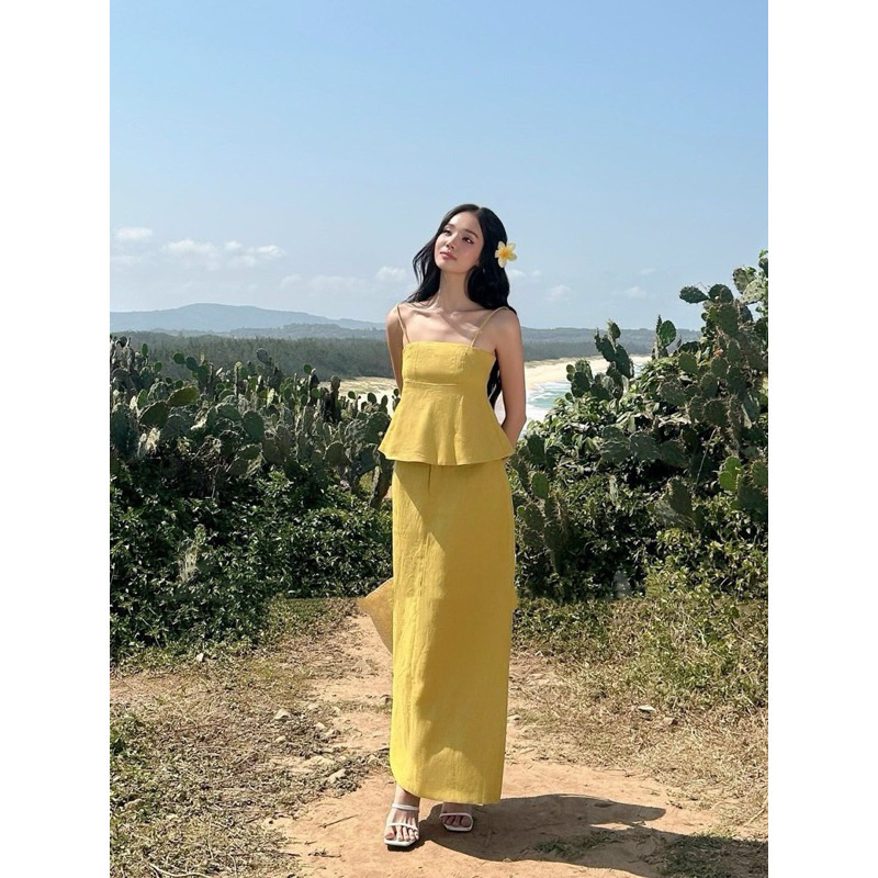 SET ÁO 2 DÂY KEM LINEN XƯỢC ĐỐM + CHÂN VÁY SUÔNG KEM MIDI