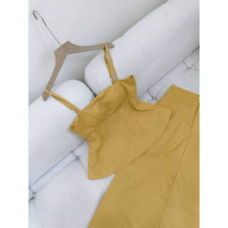 SET ÁO 2 DÂY KEM LINEN XƯỢC ĐỐM + CHÂN VÁY SUÔNG KEM MIDI