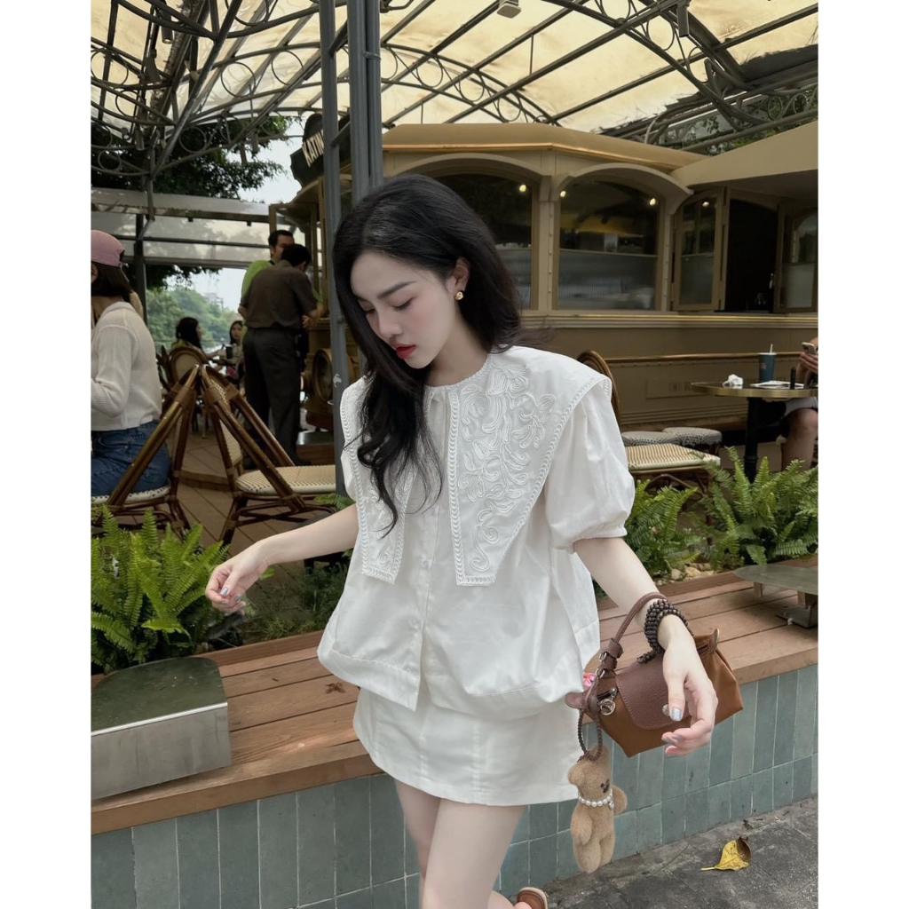 Áo Sơ Mi Trắng Nữ Cổ Phối Vạt Thêu Nổi Dáng Rộng, Áo Kiểu Nữ Tay Bồng Babydoll Tiểu Thư Đi Học Đi Làm CHAMIE STUDIO