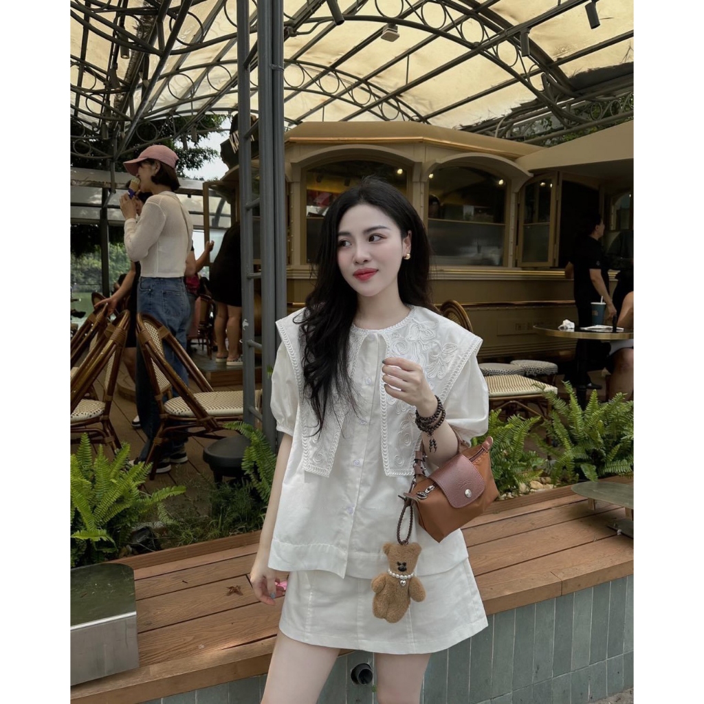Áo Sơ Mi Trắng Nữ Cổ Phối Vạt Thêu Nổi Dáng Rộng, Áo Kiểu Nữ Tay Bồng Babydoll Tiểu Thư Đi Học Đi Làm CHAMIE STUDIO