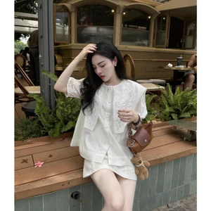 Áo Sơ Mi Trắng Nữ Cổ Phối Vạt Thêu Nổi Dáng Rộng, Áo Kiểu Nữ Tay Bồng Babydoll Tiểu Thư Đi Học Đi Làm CHAMIE STUDIO
