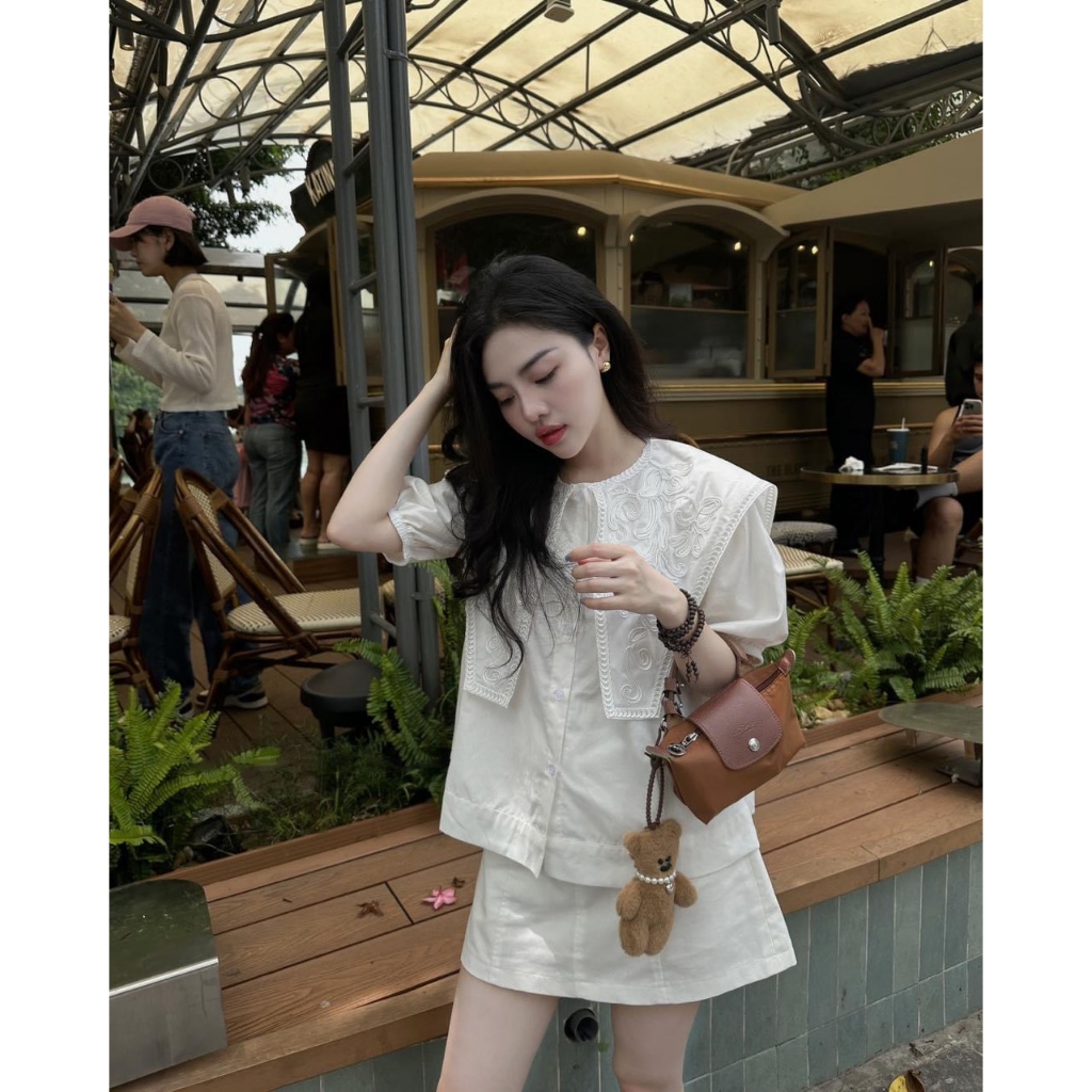 Áo Sơ Mi Trắng Nữ Cổ Phối Vạt Thêu Nổi Dáng Rộng, Áo Kiểu Nữ Tay Bồng Babydoll Tiểu Thư Đi Học Đi Làm CHAMIE STUDIO