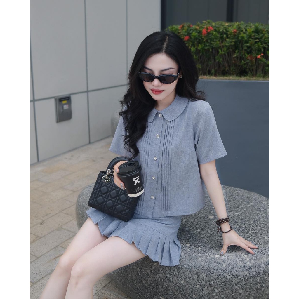 Set Bộ Nữ Sơ Mi Cổ Sen Xếp Ly Dọc Kèm Chân Váy Ngắn, Set Đồ Học Sinh Kiểu Hàn Quốc Dáng Suông Tôn Da - CHAMIE STUDIO