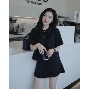 Set Bộ Nữ Sơ Mi Cổ Sen Xếp Ly Dọc Kèm Chân Váy Ngắn, Set Đồ Học Sinh Kiểu Hàn Quốc Dáng Suông Tôn Da - CHAMIE STUDIO