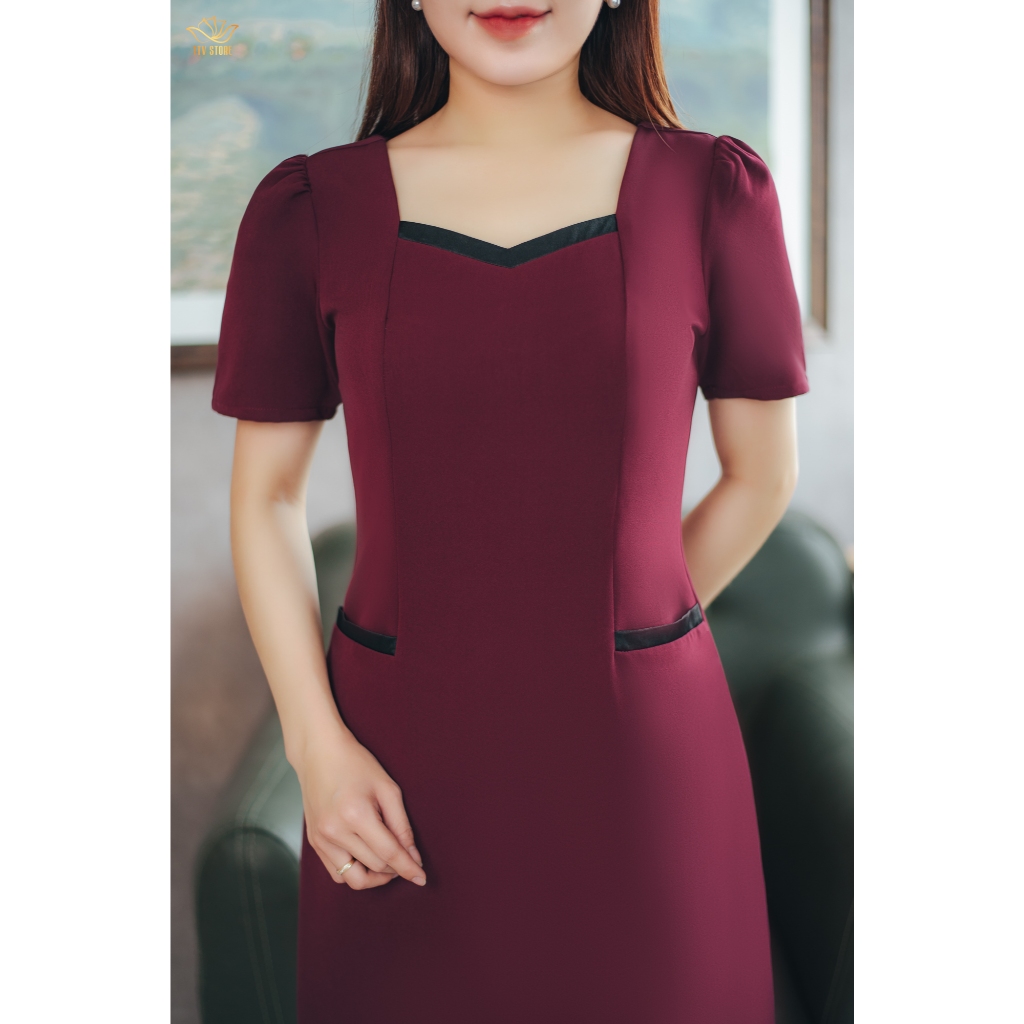 Ảnh Đầm suông trung niên Cổ vuông tim tay ngắn màu Đỏ mận TTV Store thời trang nữ TTV1589 1