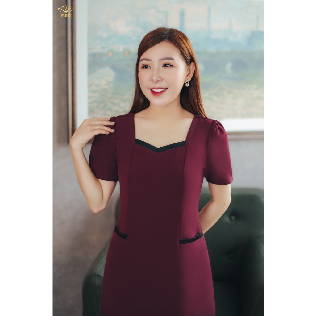 Ảnh Đầm suông trung niên Cổ vuông tim tay ngắn màu Đỏ mận TTV Store thời trang nữ TTV1589 2