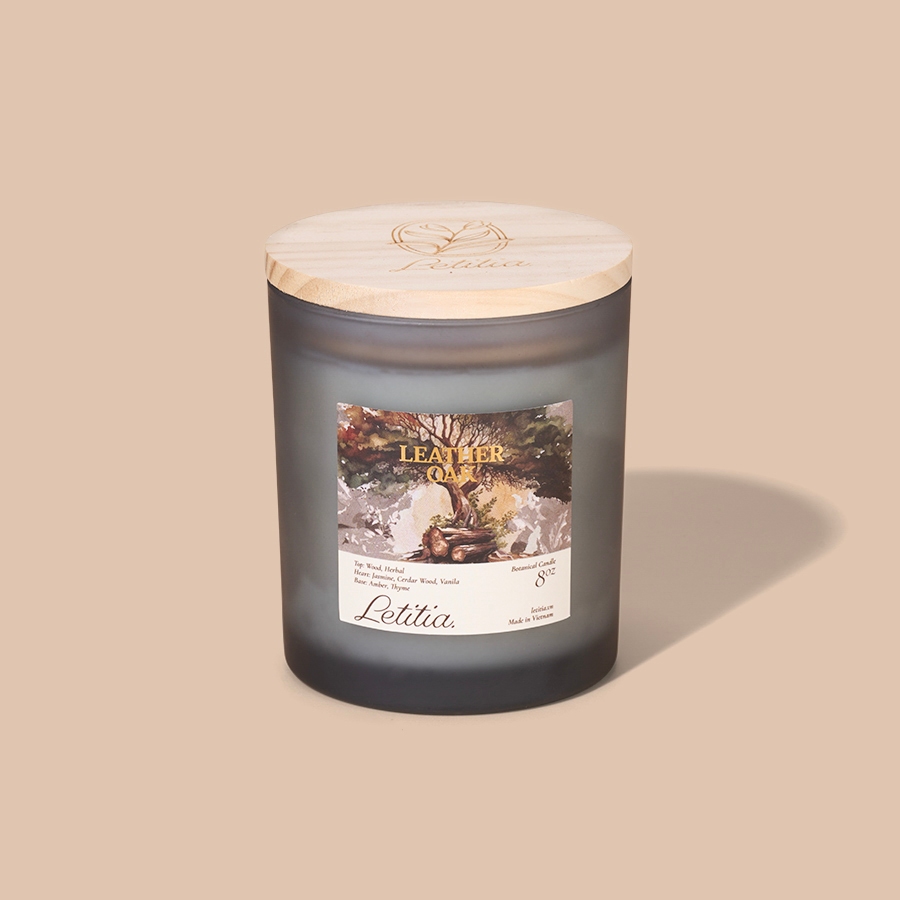 Nến thơm Letitia Cao Cấp Thiên Nhiên Leather Oak Hương Gỗ & Vỏ Cây Trầm Ấm Giúp Thư Giãn, Dễ Ngủ