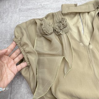 Set Bộ Đồ Nữ Nâu Áo Tơ Đũi 2 Lớp Hoa Đính Nổi Tay Bồng Mix Chân Váy Nâu Chữ A Có Quần Trong