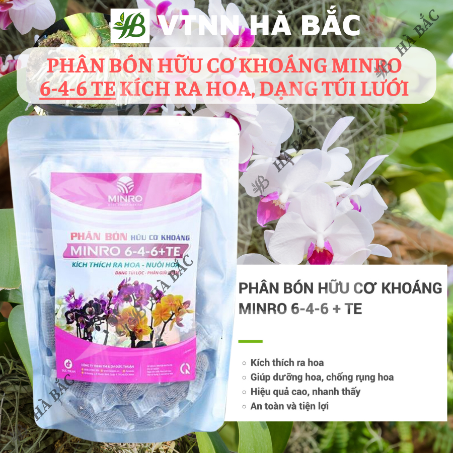 Phân bón hữu cơ khoáng Minro 6-4-6 TE kích ra hoa cho phong lan, hoa kiểng, bonsai, Dạng Túi Lưới (36 túi/gói)