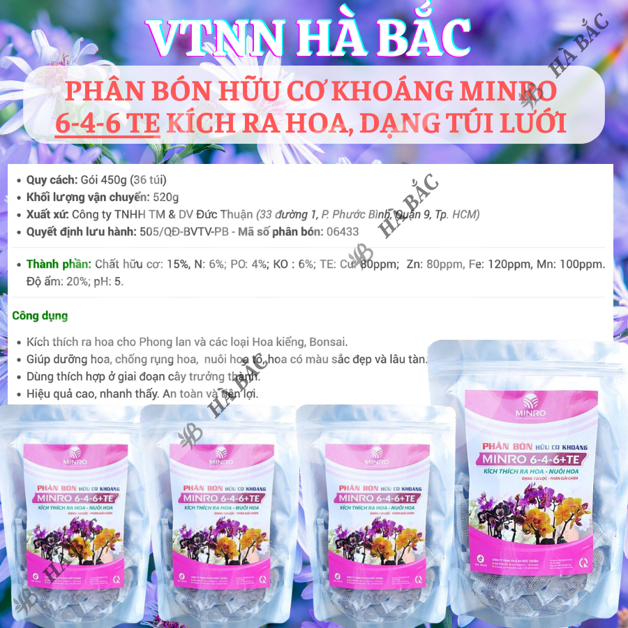 Phân bón hữu cơ khoáng Minro 6-4-6 TE kích ra hoa cho phong lan, hoa kiểng, bonsai, Dạng Túi Lưới (36 túi/gói)