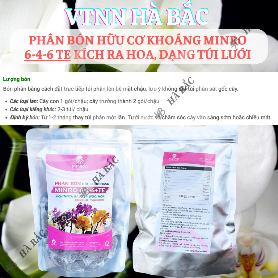 Phân bón hữu cơ khoáng Minro 6-4-6 TE kích ra hoa cho phong lan, hoa kiểng, bonsai, Dạng Túi Lưới (36 túi/gói)