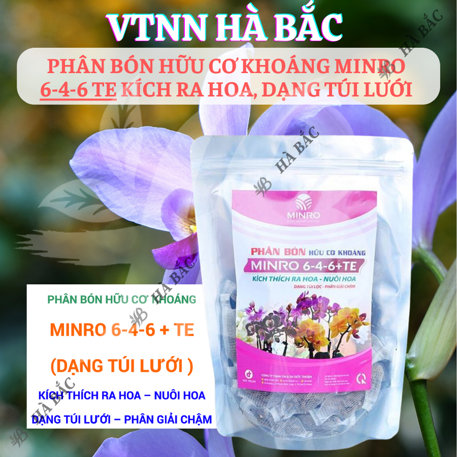 Phân bón hữu cơ khoáng Minro 6-4-6 TE kích ra hoa cho phong lan, hoa kiểng, bonsai, Dạng Túi Lưới (36 túi/gói)
