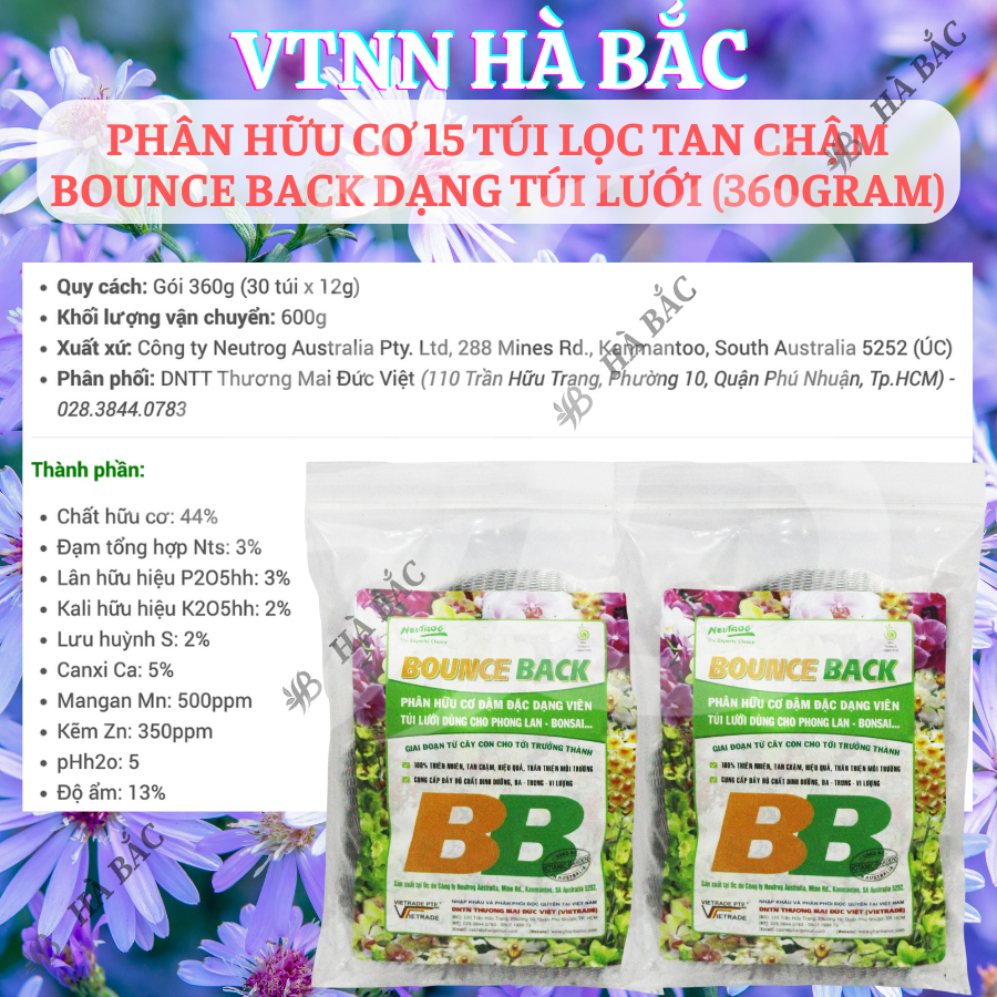 Phân Hữu Cơ 18-36 Túi Lọc Tan Chậm Bounce Back, Dạng Túi Lưới Cho Phong Lan, Bonsai Cây Kiểng (200gram/500gram)