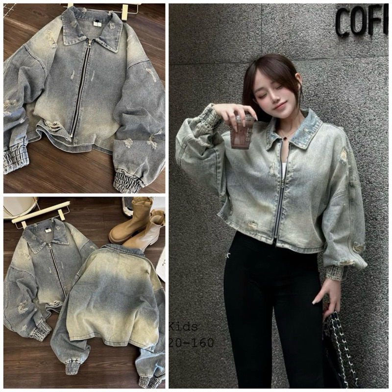 Áo khoác jean croptop rách tay bo có khóa kéo, Áo khoác jean form rộng ...