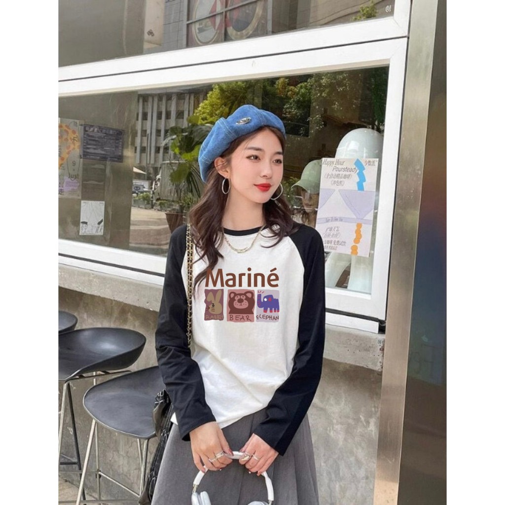 Áo thun Nữ dài tay phối màu trắng đen in hình JULY, Áo phông dáng rộng tay dài phối màu chất Cotton Xược