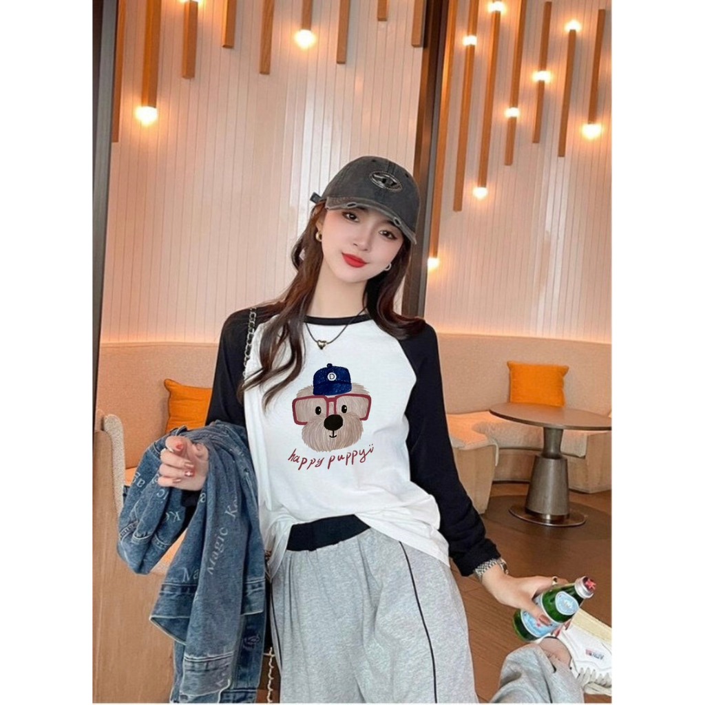 Áo thun Nữ dài tay phối màu trắng đen in hình JULY, Áo phông dáng rộng tay dài phối màu chất Cotton Xược