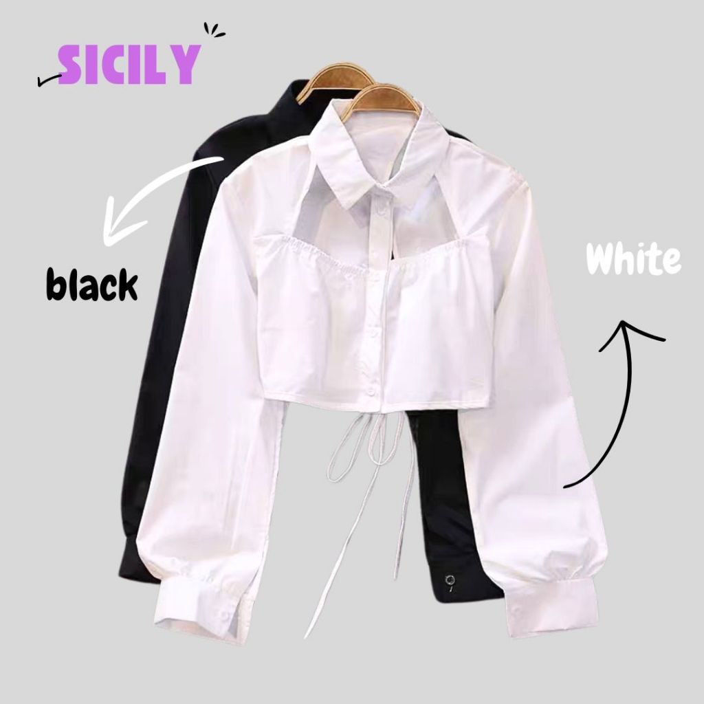 Áo sơ mi croptop nữ dài tay Sicily khoét rúm cầu ngực xẻ hở lưng cột nơ SMBL29