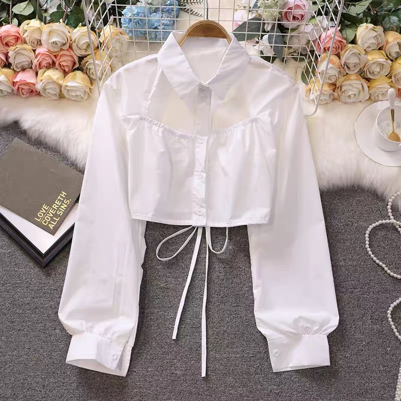 Áo sơ mi croptop nữ dài tay Sicily khoét rúm cầu ngực xẻ hở lưng cột nơ SMBL29