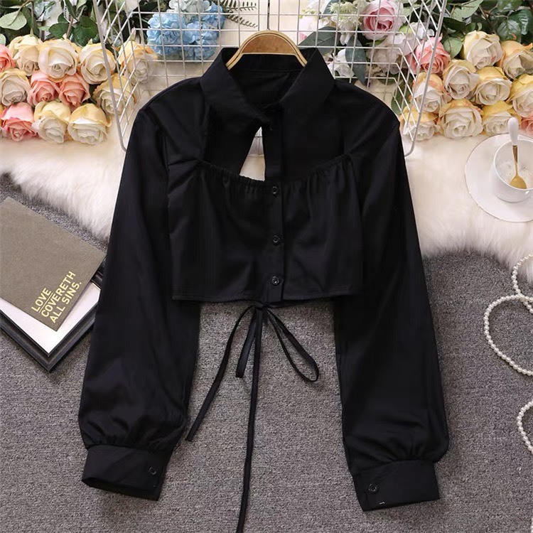 Áo sơ mi croptop nữ dài tay Sicily khoét rúm cầu ngực xẻ hở lưng cột nơ SMBL29