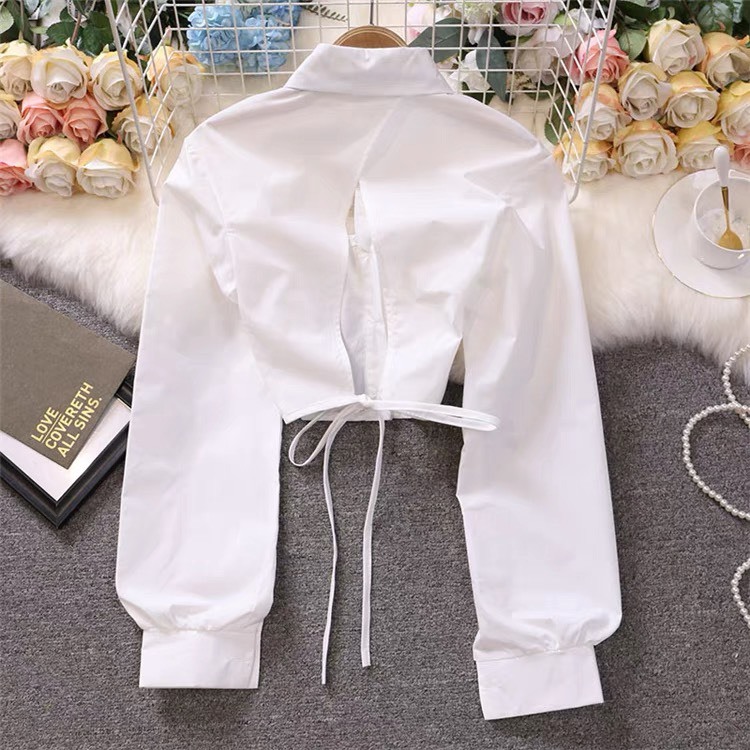 Áo sơ mi croptop nữ dài tay Sicily khoét rúm cầu ngực xẻ hở lưng cột nơ SMBL29