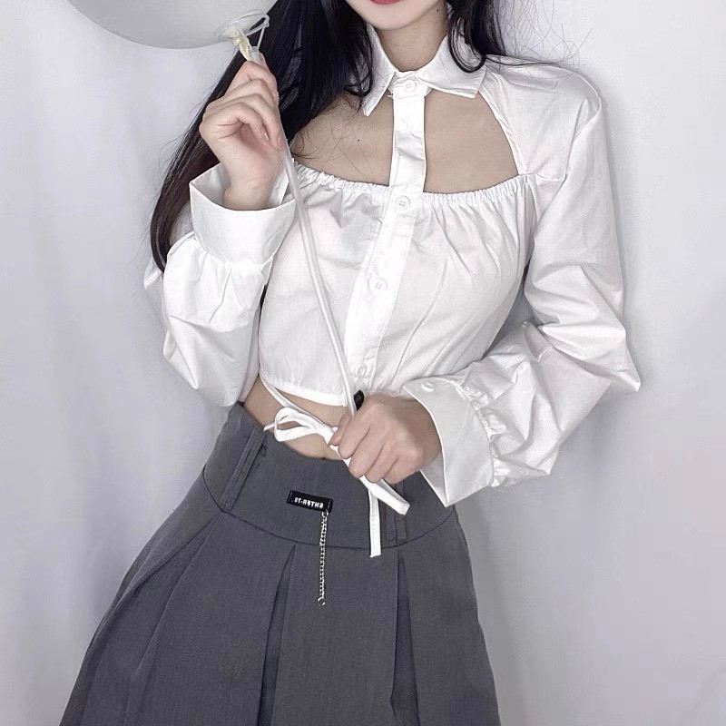 Áo sơ mi croptop nữ dài tay Sicily khoét rúm cầu ngực xẻ hở lưng cột nơ SMBL29