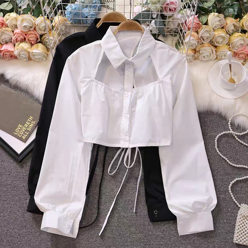 Áo sơ mi croptop nữ dài tay Sicily khoét rúm cầu ngực xẻ hở lưng cột nơ SMBL29